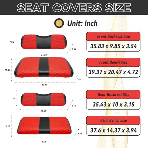 EZGO TXT Seat Covers, EZGO TXT Golf Cart Seat Covers for 1994-2013 EZGO TXT OEM Ordinary Seat, Marine Grade Vinyl Leather, Anti-Scratch/Anti-Fading/Easy to Install, Diamond/Red(4PCS/Front & Rear)|B0DPKS48VW