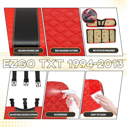 EZGO TXT Seat Covers, EZGO TXT Golf Cart Seat Covers for 1994-2013 EZGO TXT OEM Ordinary Seat, Marine Grade Vinyl Leather, Anti-Scratch/Anti-Fading/Easy to Install, Diamond/Red(4PCS/Front & Rear)|B0DPKS48VW